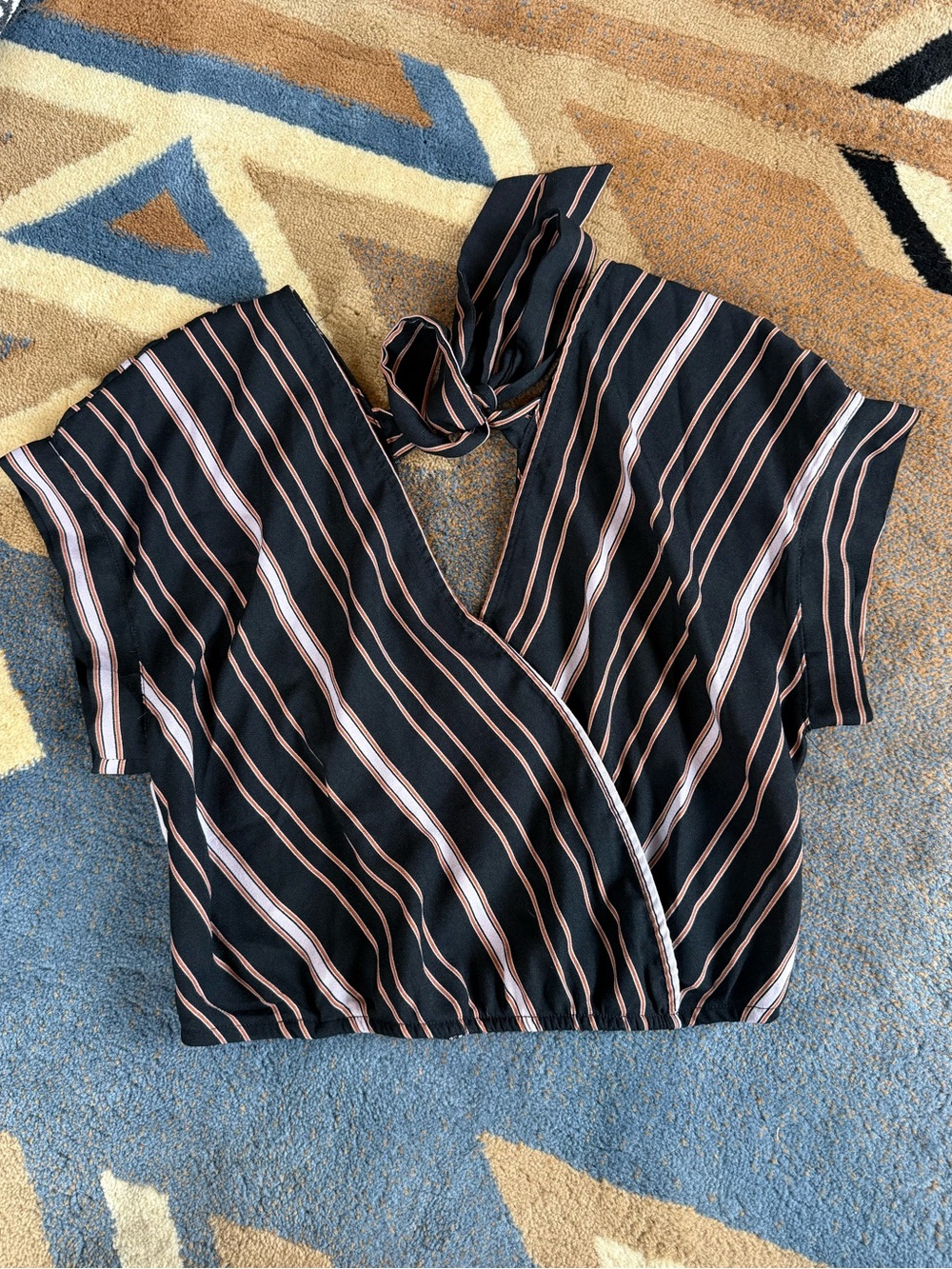 Striped Snap-Closure V-Neck Crop Top